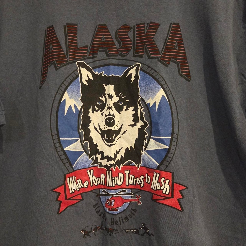 Vintage Anvil Alaska Husky Helimush Grey Graphic T-Shirt Large 80s 90s